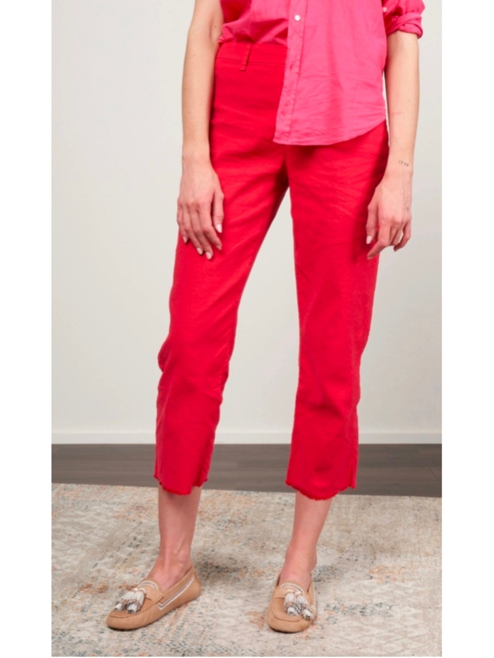 Frank & Eileen Kinsale High-Rise Pants Red Linen Blend Raw Hem Size 4